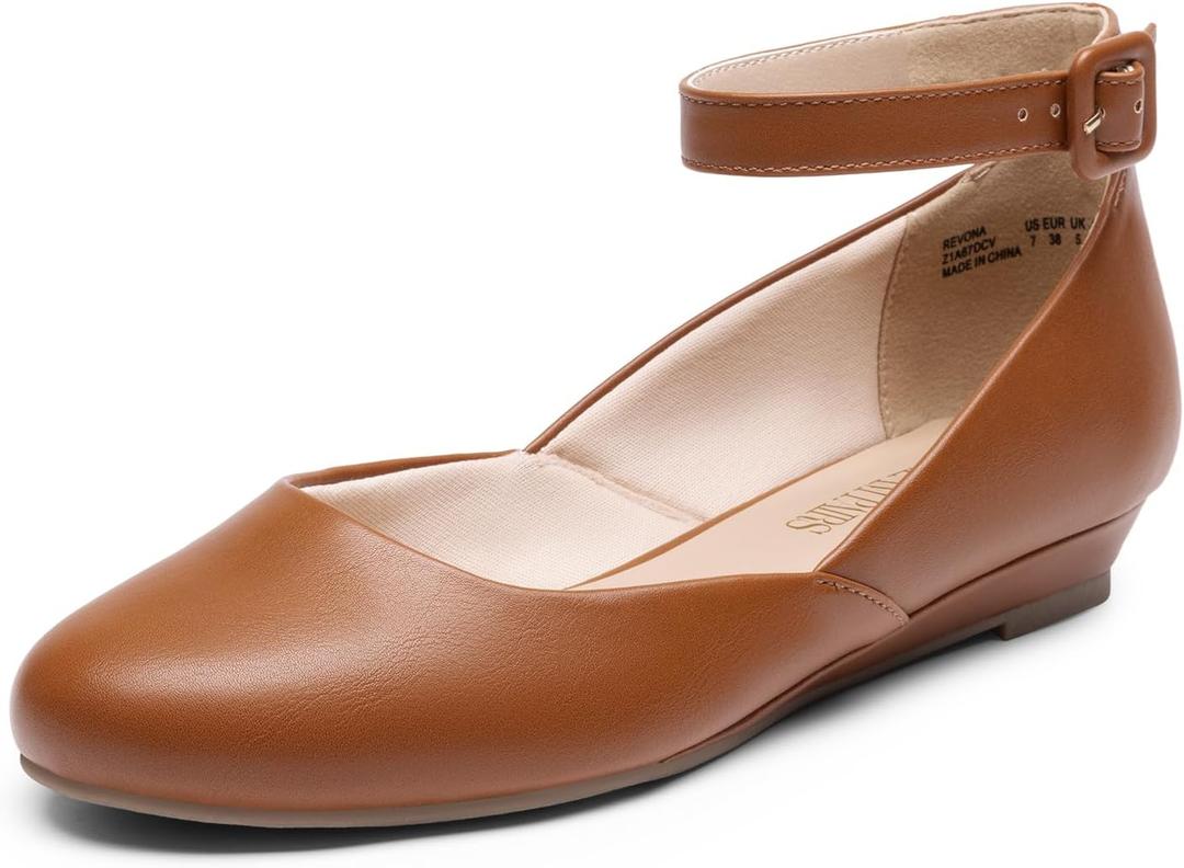 DREAM PAIRS Women's Dress Flats Ballet Low Wedge Round Toe Ankle Strap Comfortable Casual Flats Shoes (8, Brown-pu)