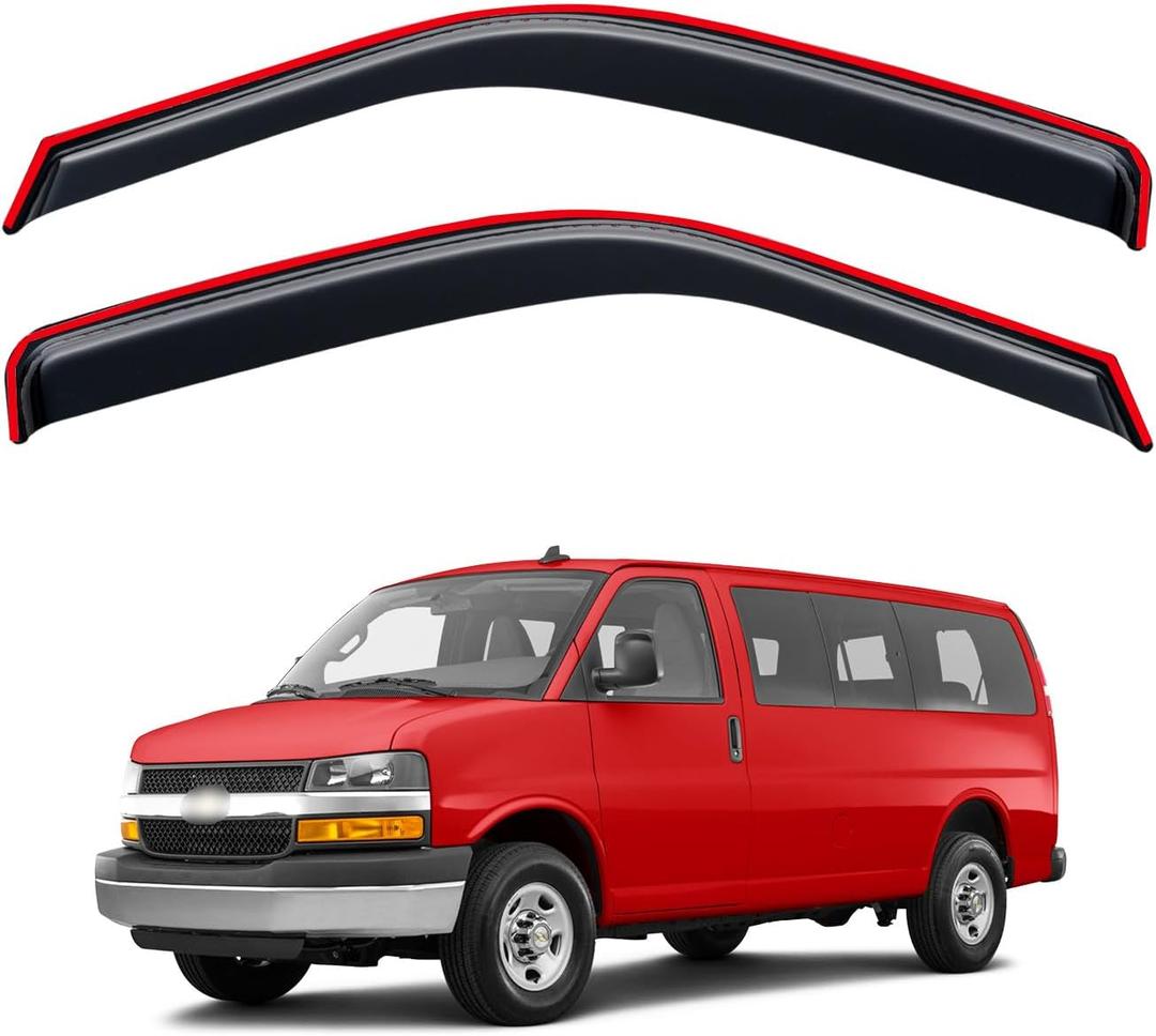 in-Channel Rain Guards for 1996-2026 Chevy Express Van/GMC Savana 1500 2500 3500, Window Visor Shields Vent Deflector Shade Wind Dark Smoke for 09-26 Express/Savana 4500, Tape-On, 2PCS