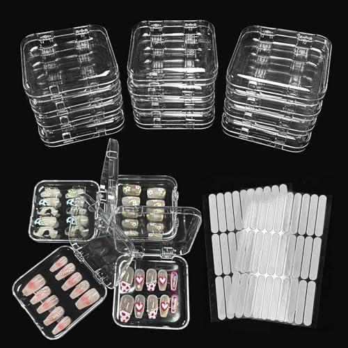 14pcs Press on Nail Storage Box with 60 Pcs Adhesive Double Sided Tape Clear Acrylic Nail Display Box Artificial False Nail Box Organizer Fake Nail Case Transparent Nail Packaging Boxes for Nail Salon
