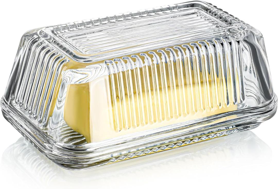 Clear Glass Butter Dish with Lid for Countertop, 6.5" Crystal Butter Dish with Cover, Covered Butter Tray for Refrigerator