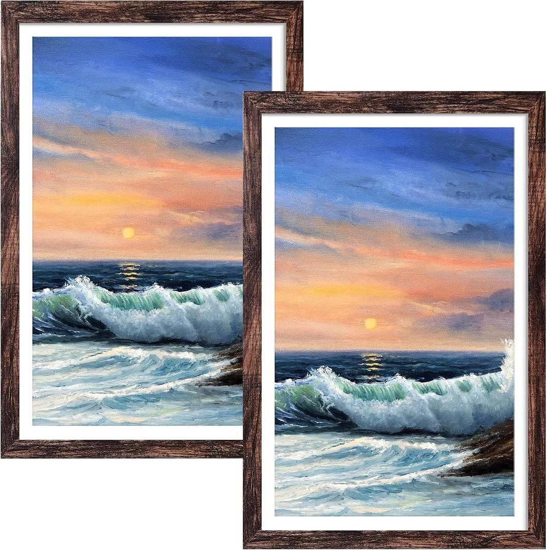 LUCKYLIFE 12x18 Poster Frame Brown Set of 2, Display Pictures 11x17 with Mat or 12x18 without Mat, Wall Mount