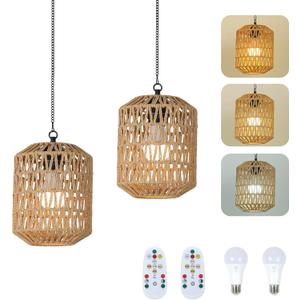 HMVPL Battery Operated Chandelier, Rattan Battery Operated Pendant Light with Remote, Boho Outdoor Chandelier for Gazebo, Wicker Gazebo Light, Outdoor Hanging Lamp for Patio Pergola Indoor(2 Pack)