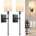 24.8 inch Battery Operated Wall Sconces Set of 2 with Remote, Rechargeable Wireless Wall Lights with Beige Fabric Shade, Indoor Not Hardwired Dimmable for Bedroom Living Room Decor