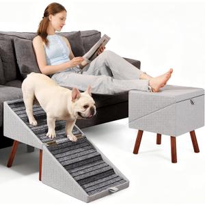 2-in-1 Foldable Ottoman Dog Ramp for Couch(6-Steps) | Convertible Folding Dog Stairs for Couch and Bed,Non-Slip Wooden Pet Stairs for Puppy Senior Injured Dogs