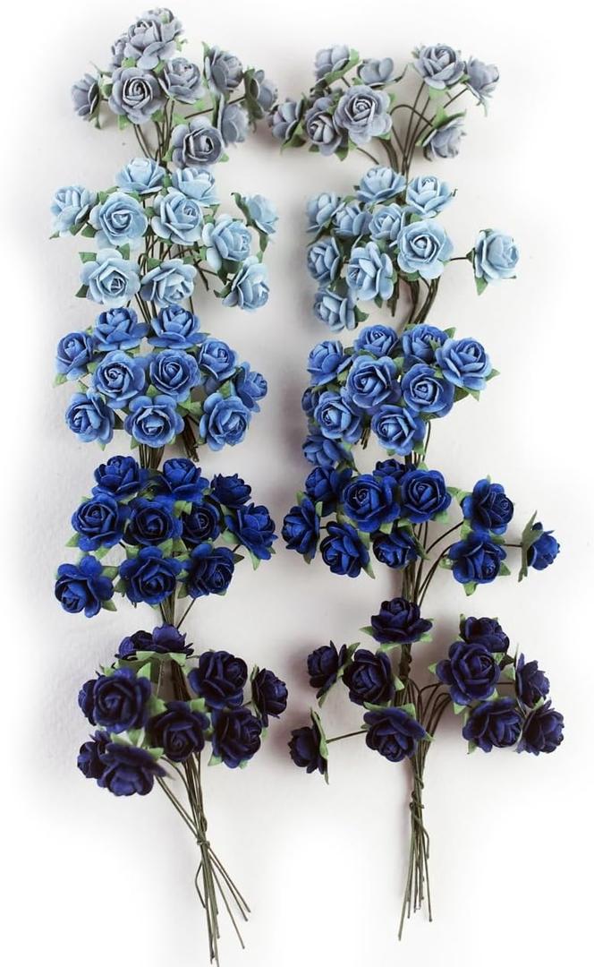100 pcs Tiny Artificial Roses Mixed Dark and Light Blue Shade Five Color Mulberry Paper Flower 15-18 mm Flower Wedding Scrapbooking