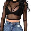 BelleLovin Women's Sheer Mesh Long Sleeve Crop Top Sexy Tee Blouse XL