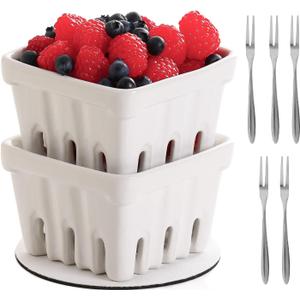 Ceramic Berry Basket, Set of 2 Fruit Bowl with Holes 4 Inch Fruit Basket for Kitchen Counter, Berry Containers for Berries, Strawberry, Grape, Cherry, White