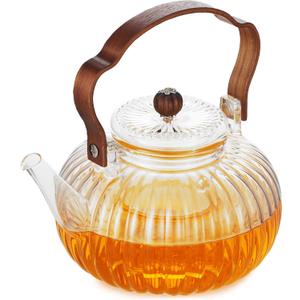 40OZ/1200ML Glass Pumpkin Teapot with Removable Infuser & Lid, Stovetop & Microwave Safe Clear Borosilicate Glass Tea Maker Water Kettle for Loose Leaf Blooming Tea