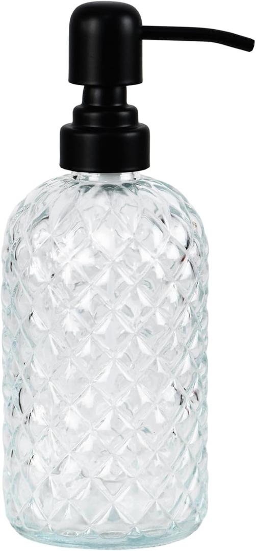 12Oz Glass Soap Dispenser with 304 Black Rustproof Stainless-Steel Pump, Refillable Glass Soap Dispenser for Kitchen, Bathroom, Farmhouse (Clear)
