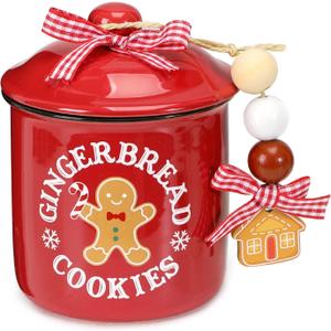 Nefelibata Christmas Decorations Ceramic Canister Gingerbread Cookies Tiered Tray Decor Xmas Mini Candy Jar Bowl with Buffalo Plaid Bowknot Wooden Beads Home Table Centerpiece Supplies Gift Idea