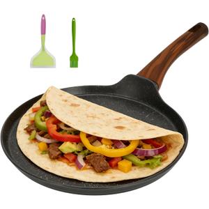 Nonstick Crepe Pan, 11 Inch Large Pancake Griddle with Detachable Handle, Granite Stone Omelette Pan, PFOA Free Comal for Tortillas & Dosa, Induction Compatible, Includes Silicone Spatula & Brush