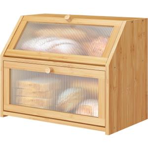 Bread Box for Kitchen Counter, Large Bamboo Wood Double Layer Bread Box, Wooden Bread Storage Capacity (Natural)