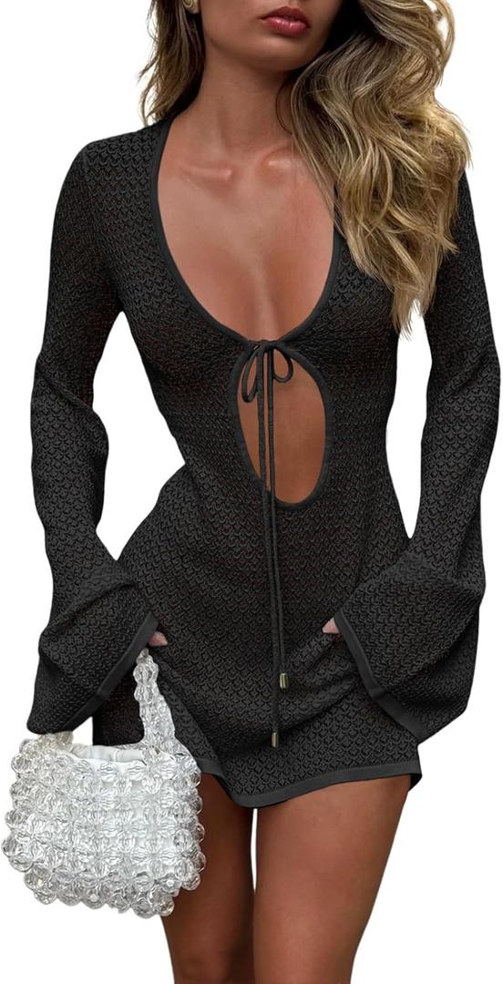 Saodimallsu Womens Crochet Swimsuit Cover Up Long Bell Sleeve V Neck Tie Mesh Knit Summer Beach Dress Vacation Outfits (Medium, Black)