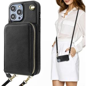 KIHUWEY Crossbody Wallet Case for iPhone 14 Pro Max, Zipper Pocket Case with Card Holder, PU Leather RFID Blocking Protective Cover with Kickstand and Detachable Wrist Strap Lanyard, 6.7" (Black)