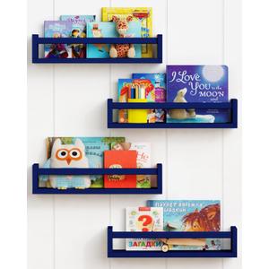 Forbena Navy Blue Floating Book Shelves for Nursery Boy, Decorative Wall Bookshelf for Kids Room, Small Wood Floating Shelves Wall Mounted for Boys Bedroom Bathroom (Set of 4, Blue) (16.5 Inch)