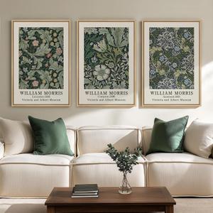 Large Framed William Morris Green Wall Art, 3 Piece Vintage Floral Canvas Prints, Retro Botanical Wall Decor for Living Room Bedroom Hallway Office, 24x36 Inch
