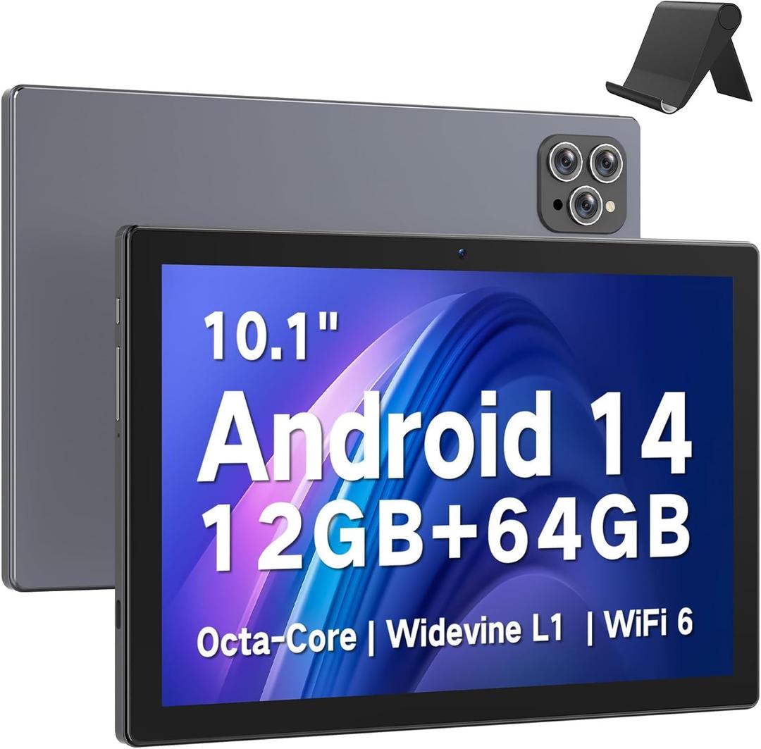 Tablets, 10.1 Inch Android 14 Tablet for Adults, Octa-Core, 12GB RAM 64GB Storage(2TB Expand), Octa-Core, WiFi 6, Bluetooth 5.0, Large Touch Screen Tablet for Work, Study & Entertainment