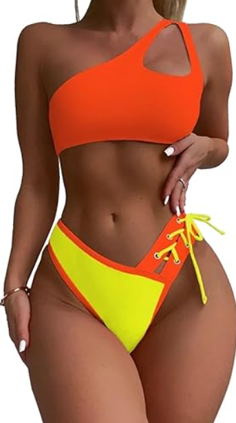 YELAIVP Women's Bikini Sets One Shoulder High Waisted Two Piece Swimsuit Lace Up High Cut Bathing Suit (Medium, 141_orange)