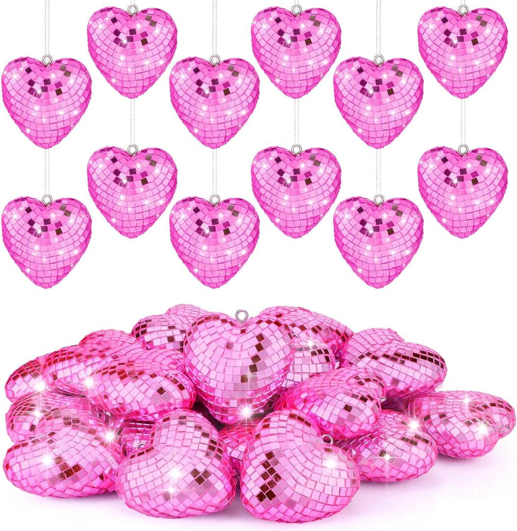 Ziliny 24 Pcs Heart Hanging Ornaments for Mother's Day Wedding Tree Disco Balls Mirror Disco Ball Decor Baubles Plastic Heart Decoration for Wedding Party Mother's Day Supplies (Pink)