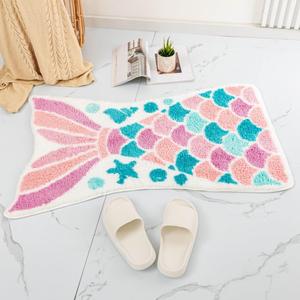 Cute Mermaid Bath Mat Funny Pink Ocean Fish Mermaid Scales Tail Shape Bath Rugs for Bathroom Non-Slip Soft Thick Microfiber Absorbent Bathroom Decor Mat Doorway Carpet for Shower Bathtub 39.4x23.6in