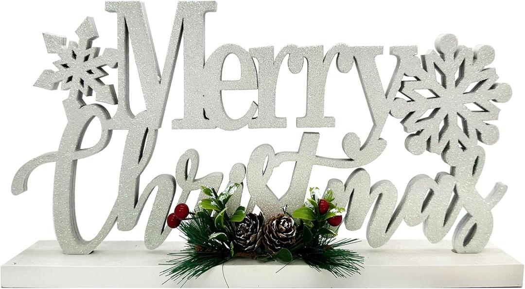 Christmas Decorations Merry Christmas Decor Snowflake Silver Shining Sign Farmhouse Wooden Winter Rustic Decor Vintage Holiday Block Tabletop for Home Kitchen Xmas