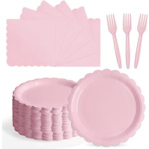 105PCS Paper Plates and Napkins Set, 7 Inch Scalloped Disposable Tableware with Forks for Birthdays, Garden Parties & Outdoor Events, Serves 35 (Light Pink)