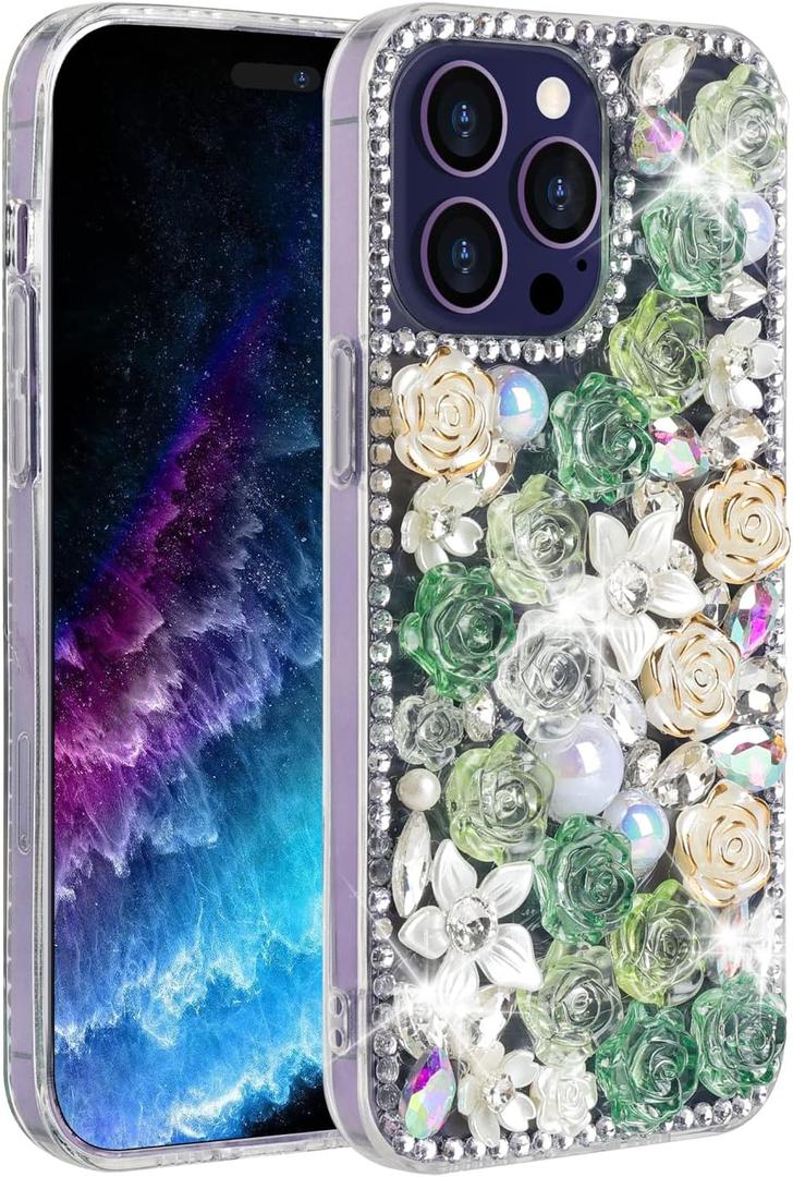 Omorro Compatible with iPhone 14 Pro Max Bling Case Luxury Glitter Rhinestone Diamond Crystal Sparkle Rose Flower Pearl Floral Soft Bumper Protective Case Cover for Women Girls Green