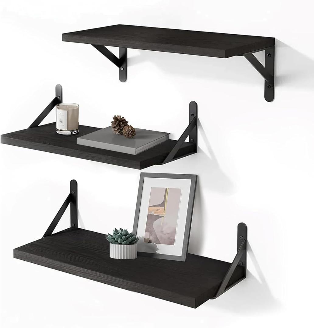Wood Floating Shelves for Wall Set of 3, Floating Shelves with Storage, Shelves for Room Wall Decor for Bedroom, Bathroom, Living Room, Office (Black, 16.5")