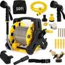 50FT 304 Stainless Steel Garden Hose with Reel, Heavy Duty Metal Water Hose with Holder & Storage Cover, Kink Free Tangle Free Flexible Outdoor Hose Set for Yard Garden