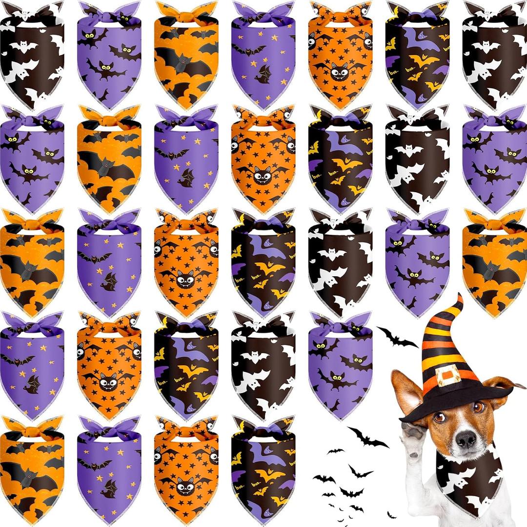 Frienda 30 Pcs Halloween Dog Bandanas Bulk Bat Bandanas for Dogs Black Orange Purple Triangle Kerchief Bibs Scarf Set for Pet Halloween Costume Photo Props Accessories Pet Shops, 6 Styles