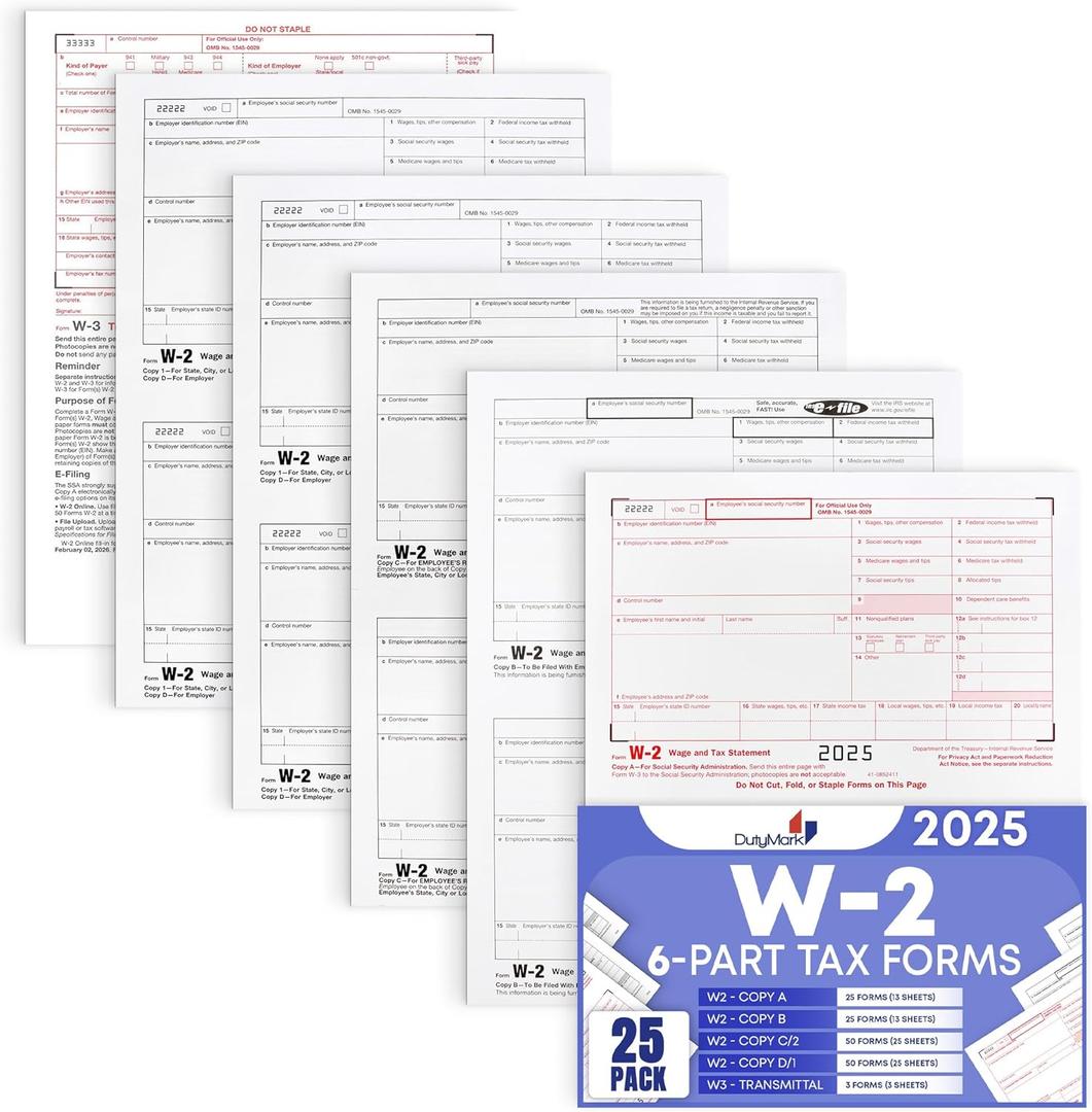 W2 Forms 2025 6 Part, Kit of Laser W2 Tax Forms for 25 Employees and W3 Transmittal for Quickbooks and Accounting Software, 2025 W2 Forms (25 No Envelopes)