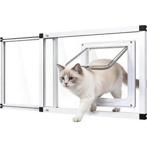Full Glass Cat Door for Window,32"-37" Adjustable Width,1-Min Install | 4 Locking Modes,Aluminum Frame,HD Glass,Magnetic Closure,Weatherproof Sliding Pet Door Window Insert for Cats, Fit 32"-37" Window