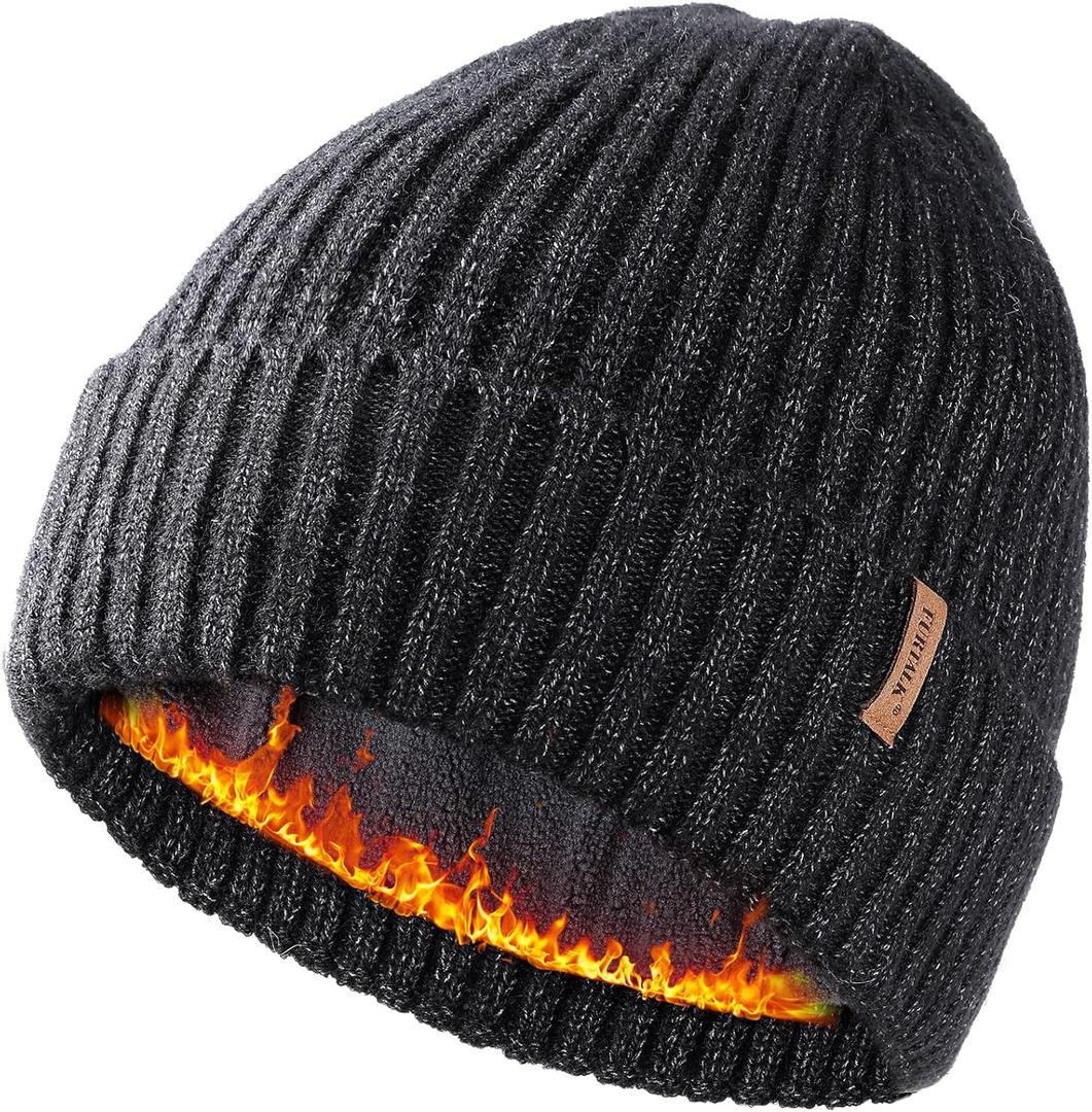 FURTALK Double Layer Winter Hats for Men Women Beanie Thick Cuffed Warm Ski Hats (Black)