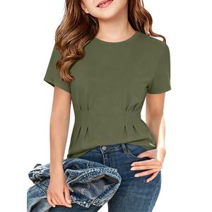ZDC Girls Pleated Short Sleeve T Shirts Summer Crewneck Tops Casual Cute Basic Tees, Army Green, 140