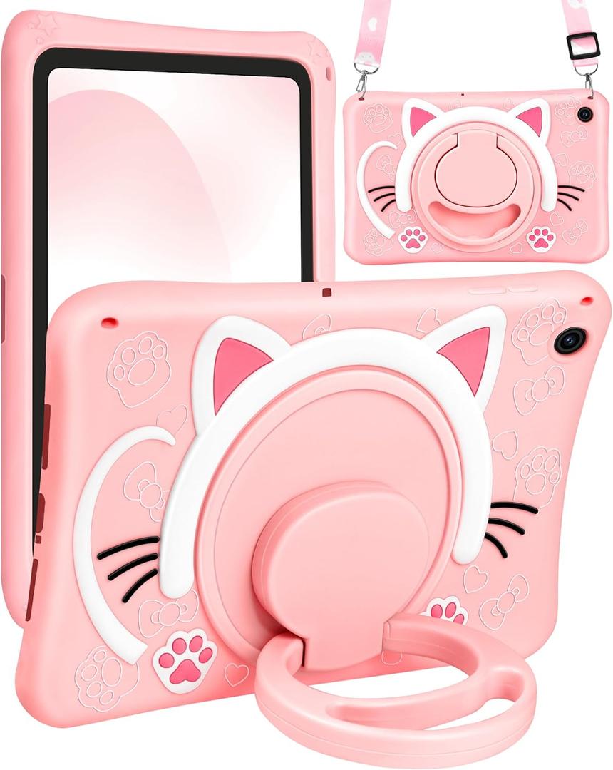 for Samsung Galaxy Tab A9 Plus Case 11 Girls Cute Cat Kawaii Cover Girly 3D Cartoon Women Kitten with Rotating Handle Stand & Strap Soft Silicon Funda for Samsung A9 Plus Tablet Case, Pink Cat 