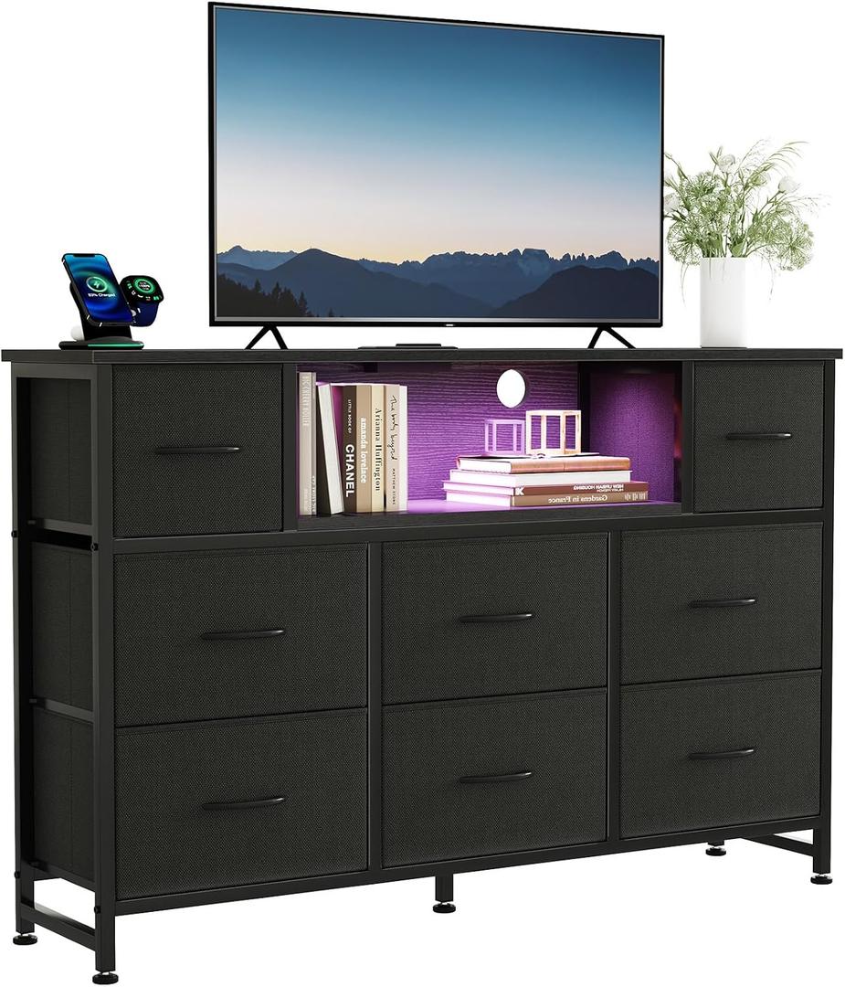 DUMOS LED Entertainment Center with Charging Station, TV Stand Dresser with 8 Fabric Drawers and Open Shelves, Wood Top Media Console for 45-55 inch, Bedroom, Black, 11.8"D x 47.2"W x 31.5"H