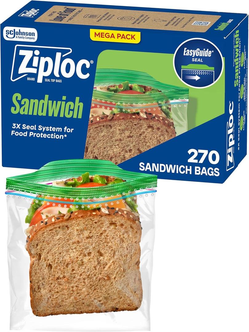 Ziploc Sandwich and Snack Bags, Easy Open and Close, Plastic Food Storage Bags, 270 Bags Total (Packaging May Vary)
