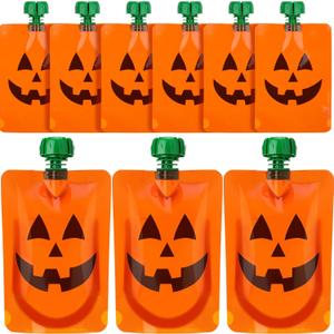 Mimorou 27 Pcs 5 oz Halloween Pumpkin Juice Pouches Orange Halloween Jack O Lantern Plastic Reusable Leak Proof Juice Pouch for Party Gift, Travel, Sports