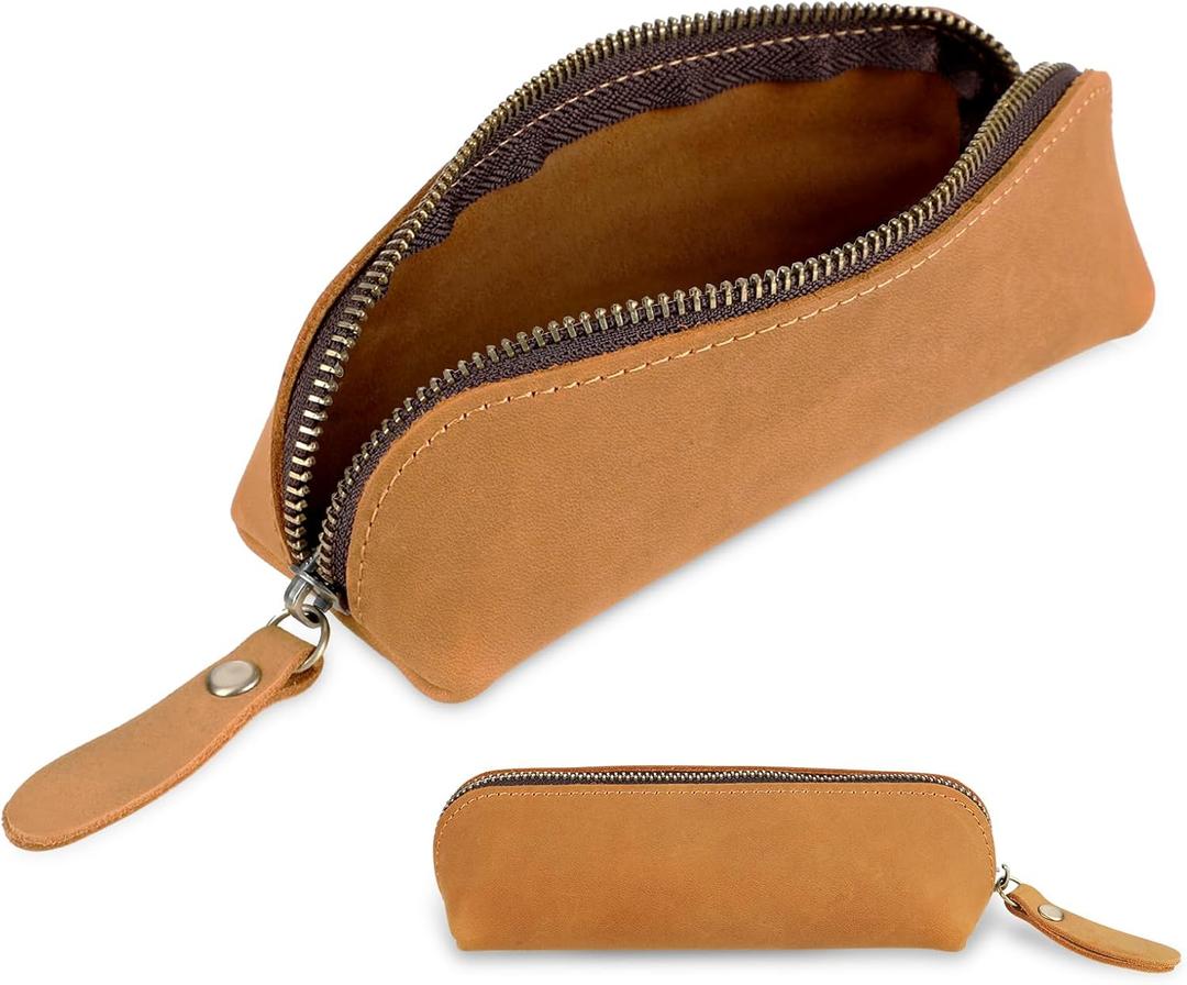 Genuine Leather Pencil Case, Leather Pencil Pouch Large Capacity, Big Pencil Pouch with Zipper Vintage Pen Bag Fountain Pen Holder for Men Women Businessmen Artists Home Office(Brown)