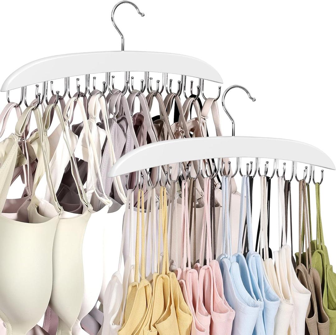 2 Pack Bra Hangers for Closet Organizer, Wooden Tank Top Hanger, Bra Organizer with 40 Stainless Steel Hooks, Closet Organizers and Storage for Bras Camis Belts Ties, White