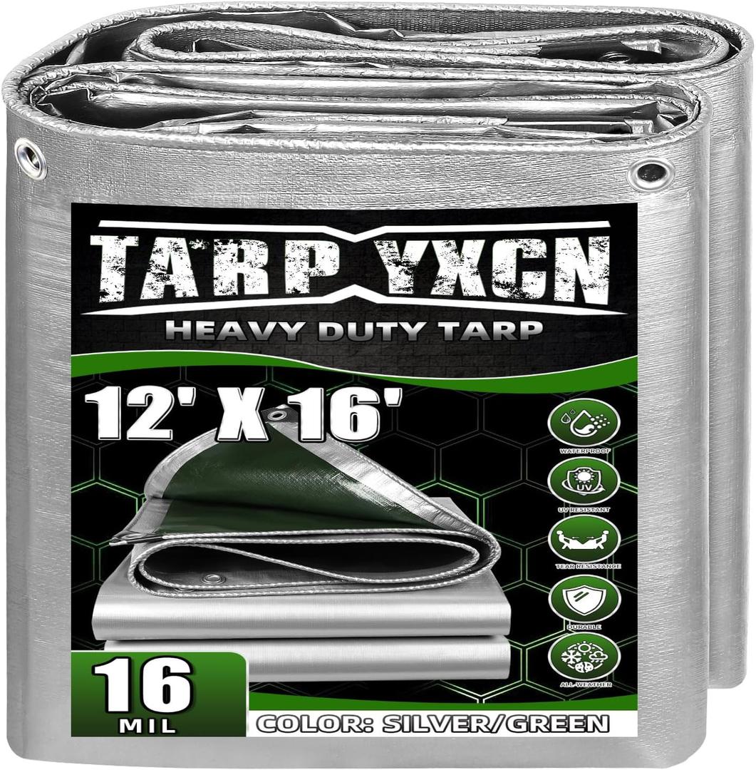 Extra Heavy Duty Tarp 12x16 Ft, 16 Mil Thick Waterproof Poly Tarps Cover UV Resistant, Rip & Tear Proof with Metal Grommets Every 20 Inches (Silver/Green)