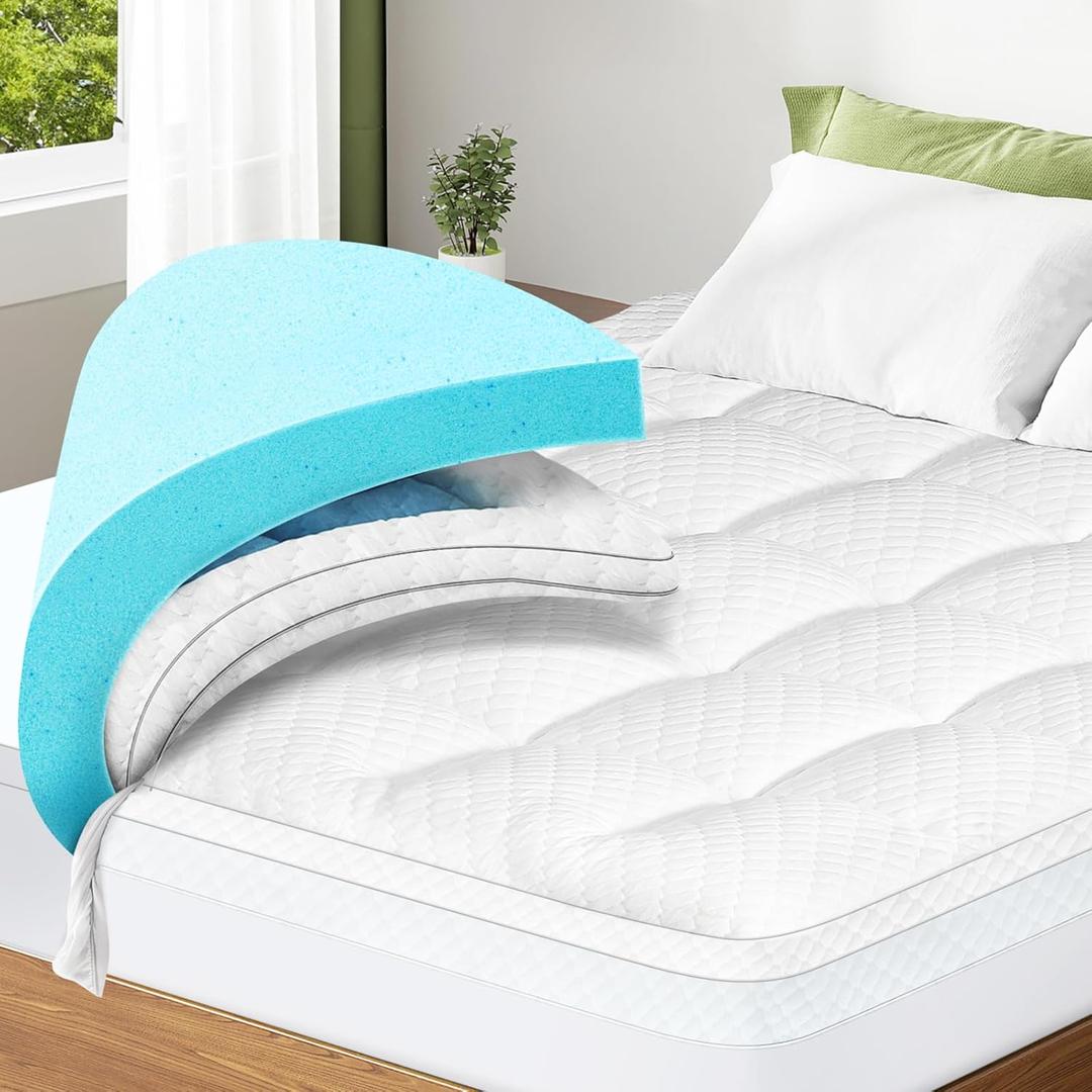Dual Layer 3 Inch Memory Foam Mattress Topper King Size, 2 Inch Cooling Gel Memory Foam Plus 1 Inch Pillow Top Mattress Pad Cover, with 8-21 Inch Deep Pocket
