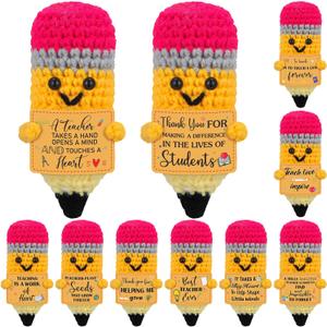 9 Pcs Handmade Teachers Appreciation Gifts Thank You Crochet Yellow Pencils for Teacher Bulk Cute Birthday Thank You Gifts with Cards for Teacher Coworkers Employee Nurse Team