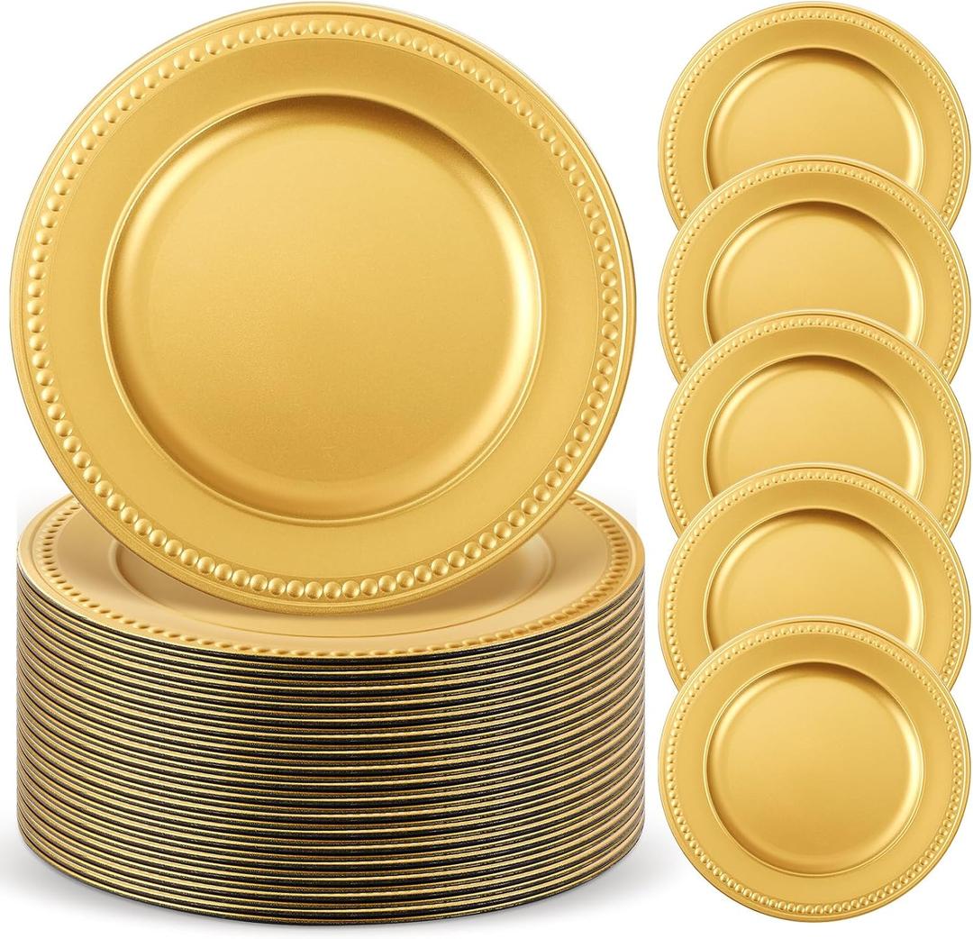 50 Pcs 13" Vintage Gold Charger Plates Round Beaded Chargers Bulk for Dinner Plates Serving for 50 Guests for Antique Wedding Holiday Party Bridal Shower Event Dinner Table Setting Decoration