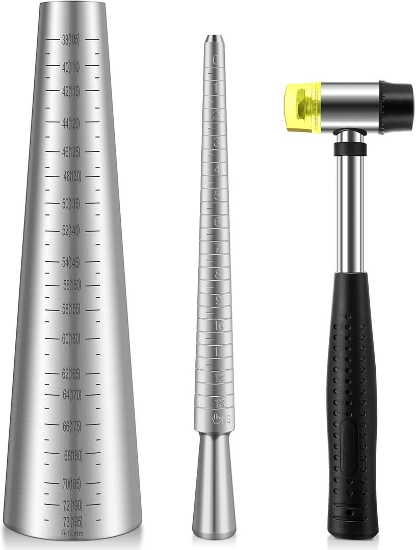 HappyAlley Ring Bracelet Sizer Measuring Tool Set, Includes Metal Ring Mandrel, Metal Bracelet Mandrel, Rubber Hammer, Stainless Steel Sizers for Repairing Rings and Bracelets (Silver, Circle)