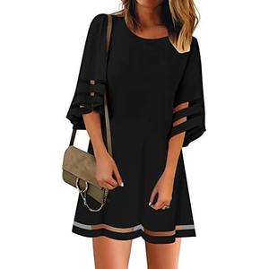 LookbookStore Women Casual Crewneck Mesh Panel 3/4 Bell Sleeve Loose Tunic Dress L