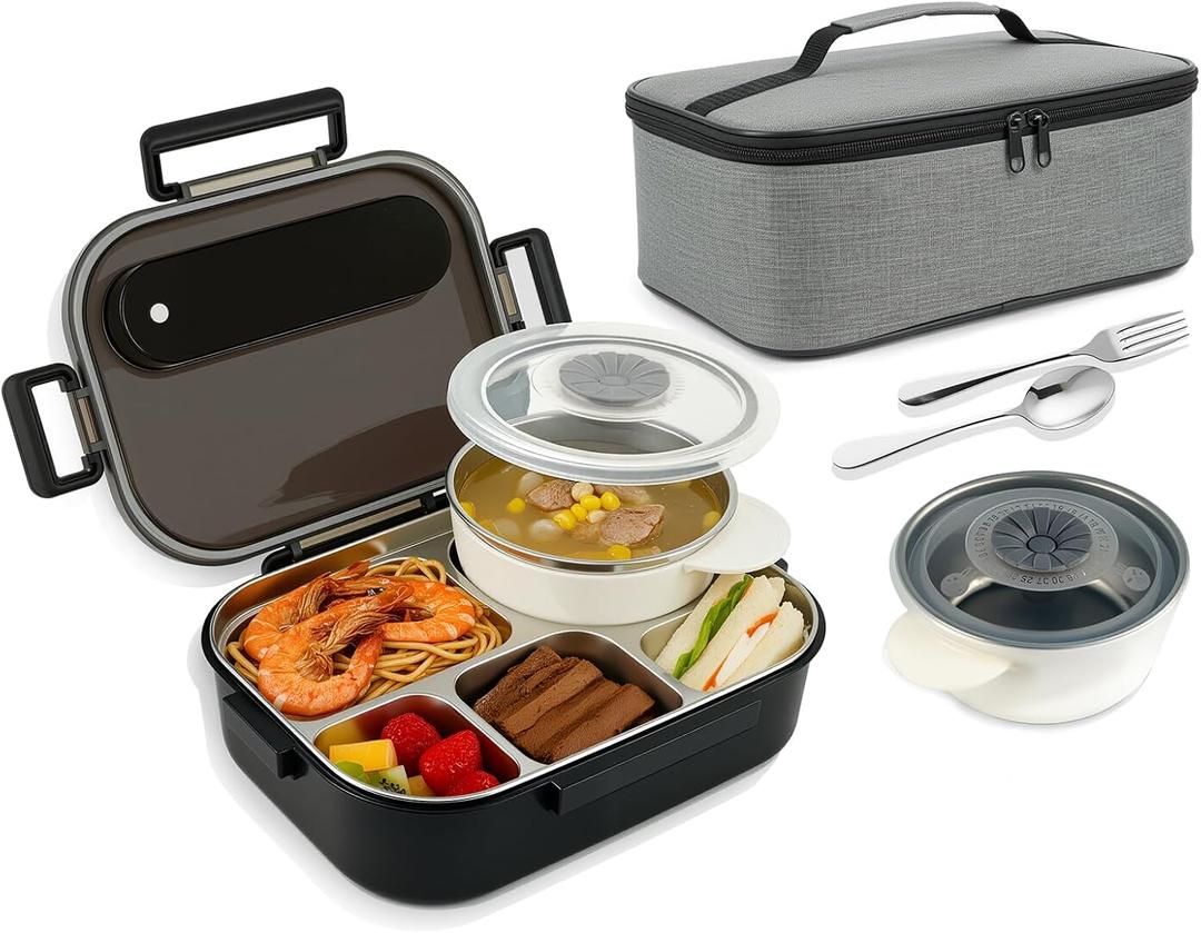 Bento Lunch Box with 8oz Soup Thermo,5-Compartment Leak-Proof Container, Thermo Hot Food Jar and Insulated Lunch Bag with Utensil,Microwave & Dishwasher & Freezer Safe