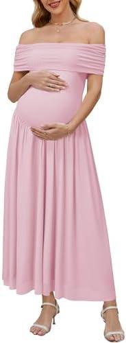 OUGES Women's 2026 Off The Shoulder Mesh Maxi Maternity Dress for Photoshoot Baby Shower Sleeveless Formal Long Dresses Size XL