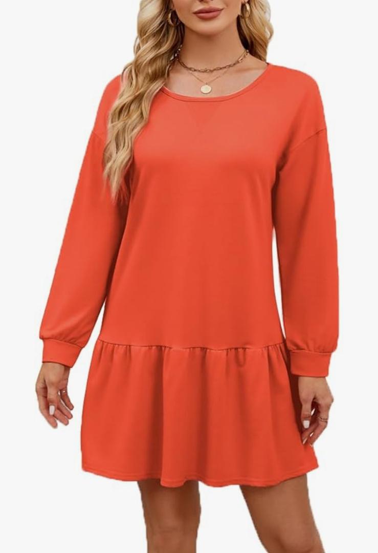 Womens 2025 Fall Long Sleeve Pullover Tops Crewneck Rib Knit Patchwork Sweatshirt Dress, Ruffle Casual Cute Mini Dresses,Large, Orange 