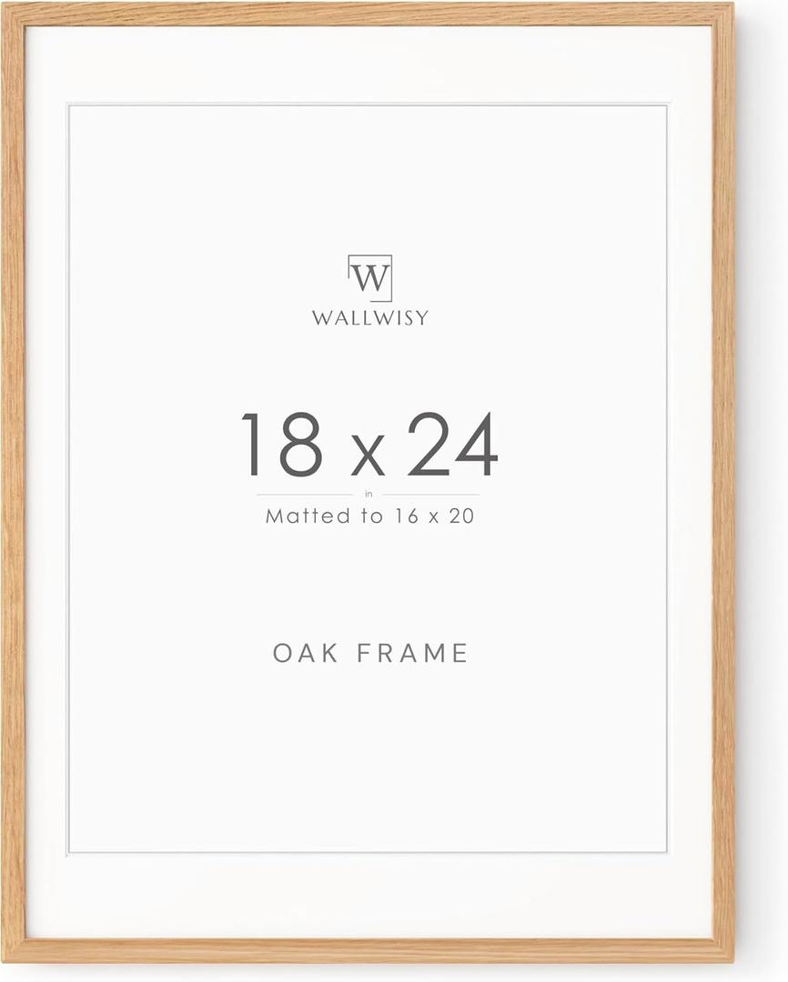 18x24 Poster Frame, Solid Oak 18x24 Poster Frames Matted to 16x20, 24x18 Natural Wooden Frame Horizontal or Vertical Wall Mounting, Set of 1
